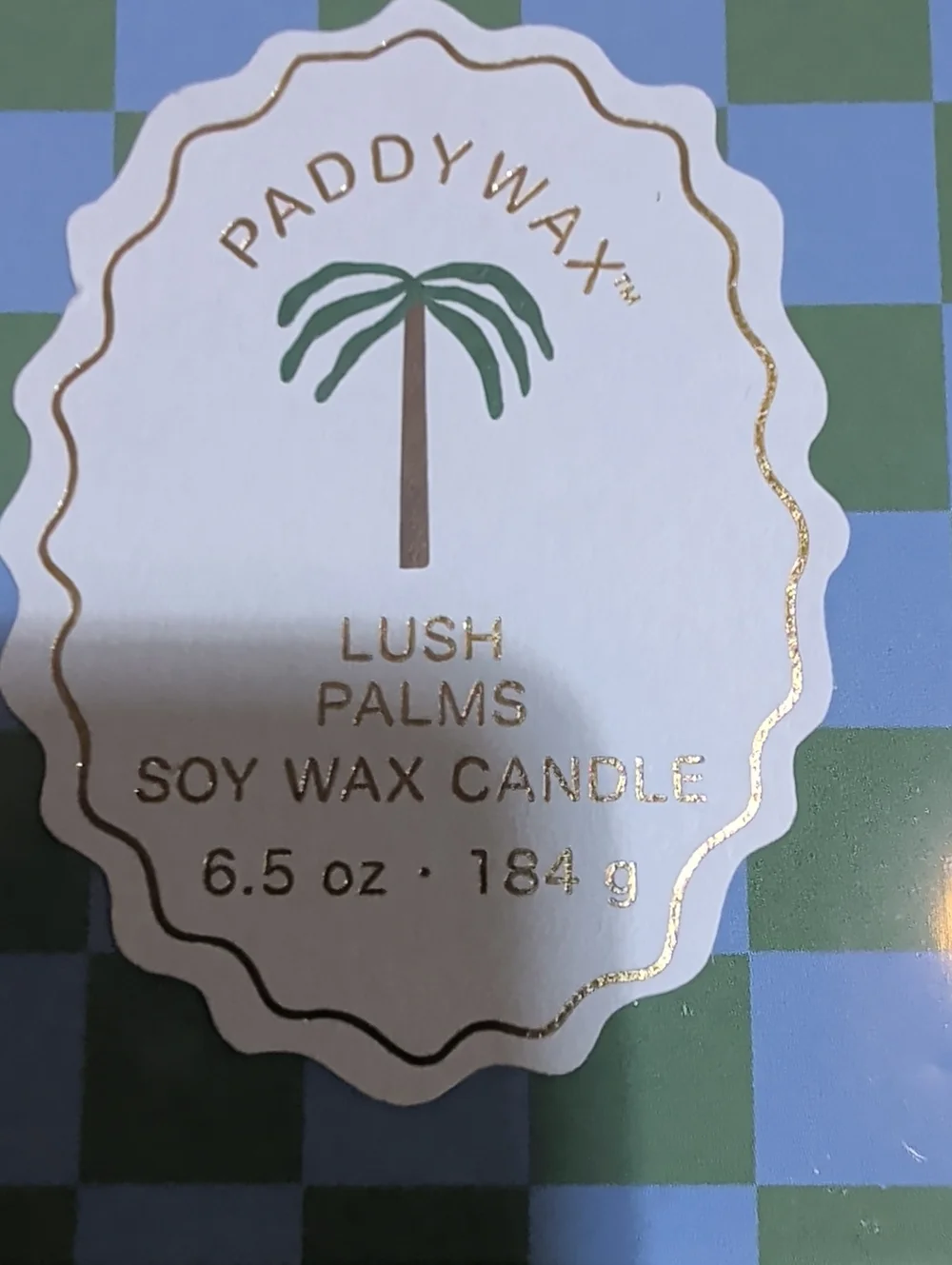 Paddywax Lush Palms Soy Candle Tin - Blue & Green Checker